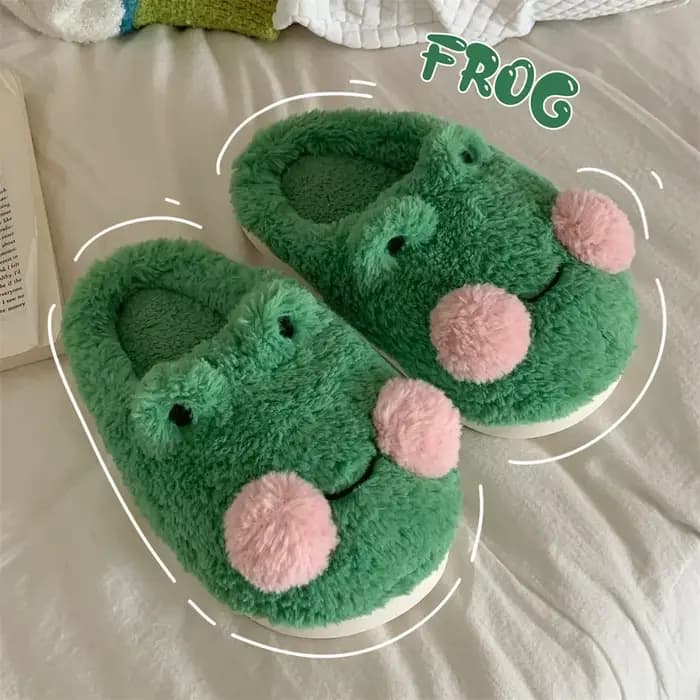 Pantoufles en coton grenouille de dessin animé pour femmes et hommes