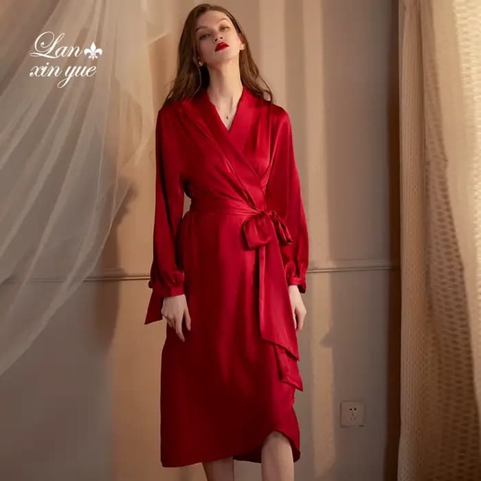 Dame à manches longues Robe chemise de nuit Sexy vêtements de détente mariée Kimono peignoir