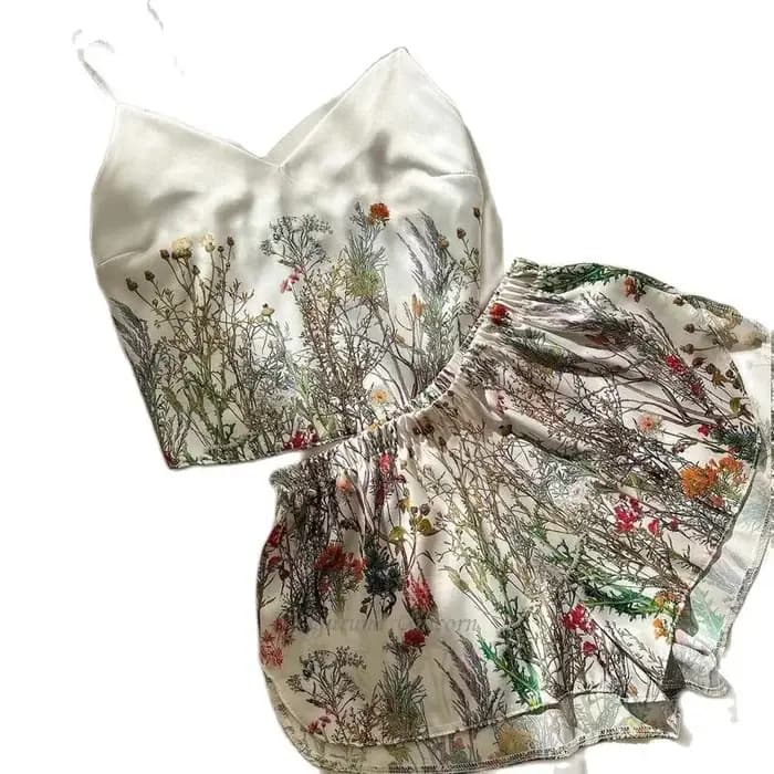 Ensemble de pyjamas d'été en satin pour femmes, vêtements de nuit College de fleurs de µ, pyjamas sexy à col en V, vêtements d'intérieur en fibre, vêtements de détente