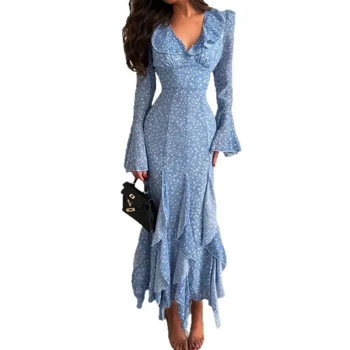 Robe longue élégante pour femme à manches évasées et bordure feuille de lotus