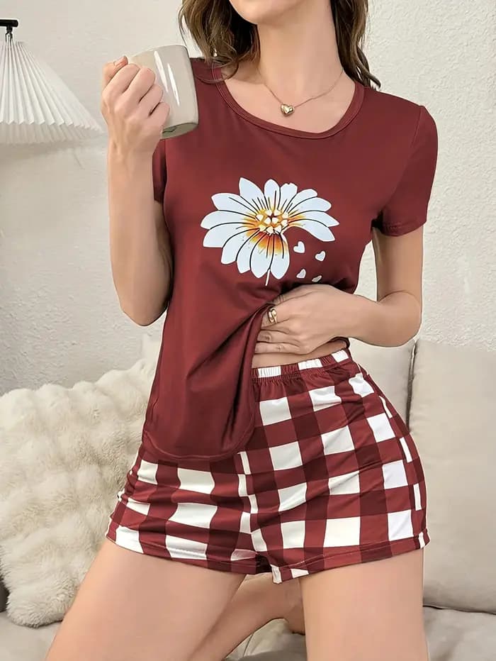 Ensemble 2 pièces de pyjama pour femme pour toutes les saisons, printemps et été, short élégant à im