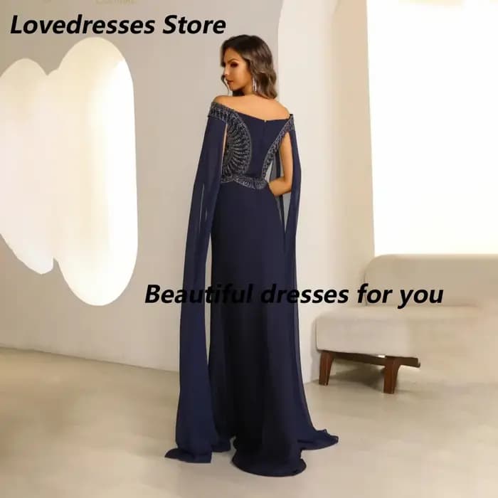 Robes de soirée personnalisées bleu marine en mousseline de soie à sequins