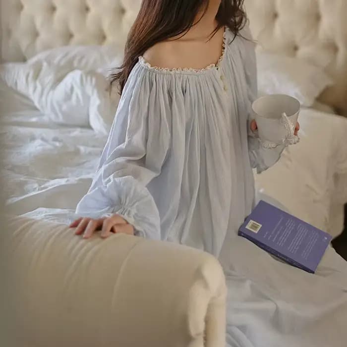 Princesse bleu frais Vintage longue chemise de nuit 100% coton col rond manches longues