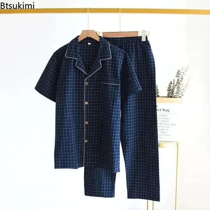 Nouvel ensemble de pyjama de haute qualité pour homme, vêtements d'intérieur deux pièces, mode simple, manches courtes et pantalon, pyjama japonais à carreaux pour homme