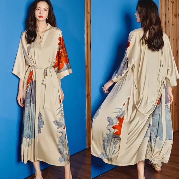 Style chinois imprimé femmes longue Robe chemise de nuit rétro Satin vêtements