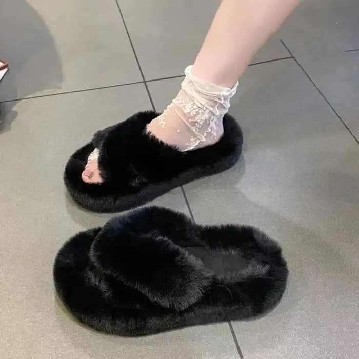 Belles diapositives Homewear pantoufles bout ouvert anti-dérapant plat en peluche