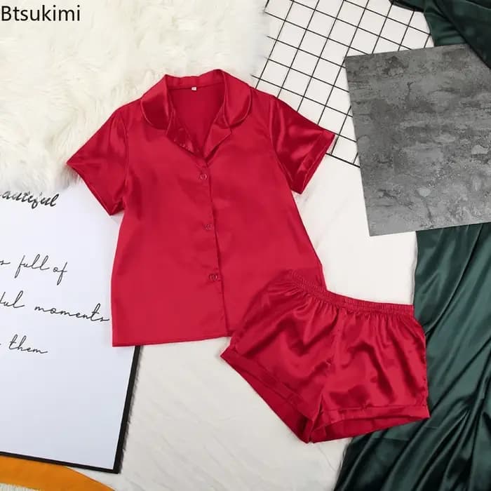 Pyjama en satin de couleur unie avec short, ensemble de vêtements de nuit en soie pour femmes, pyjama décontracté à manches courtes, ensembles de pyjama pour femmes, vêtements de maison d'été