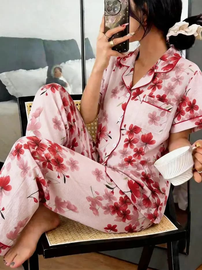 Ensemble de pyjama imprimé floral pour femme, chemises et pantalons de nuit à manches courtes bouton