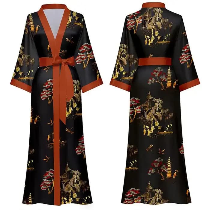 Nouveau printemps été femmes longue Robe Kimono peignoir Robe Sexy noir pyjama imprimé chemise de nu
