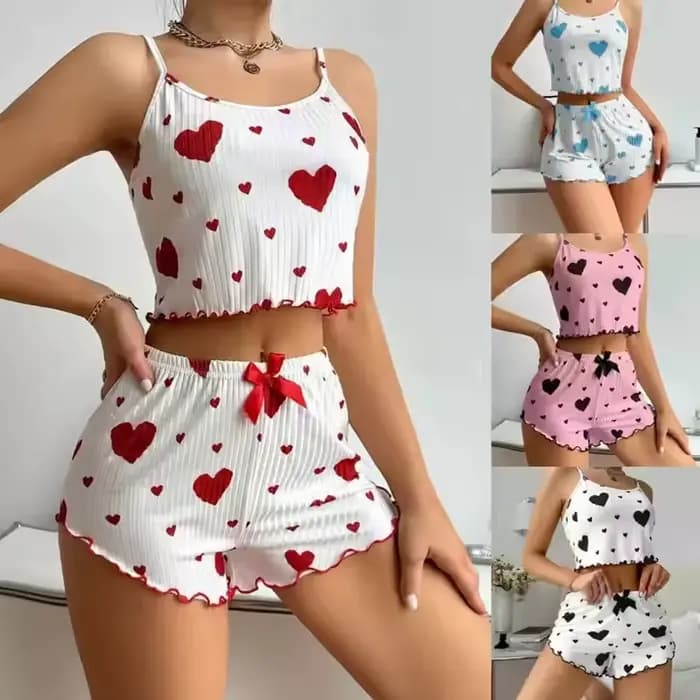Ensemble pyjama blanc pour femme avec imprimé cœur