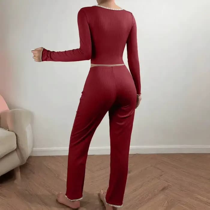 2 pièces Pyjamas ensemble femmes automne hiver vêtements de nuit manches longues t-shirts hauts pantalon femme tricot