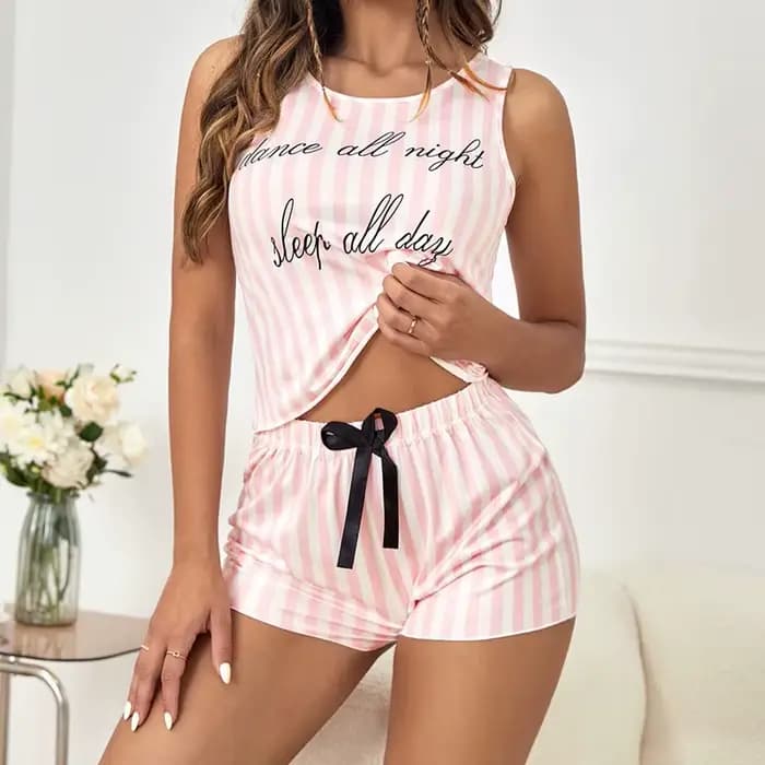 Pyjamas pour femmes été rayure pyjama imprimé Faux coton col rond