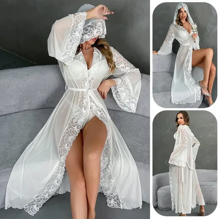 Luxe dentelle garniture à capuche longue Robe Kimono maille peignoir printemps été femme vêtements de nuit
