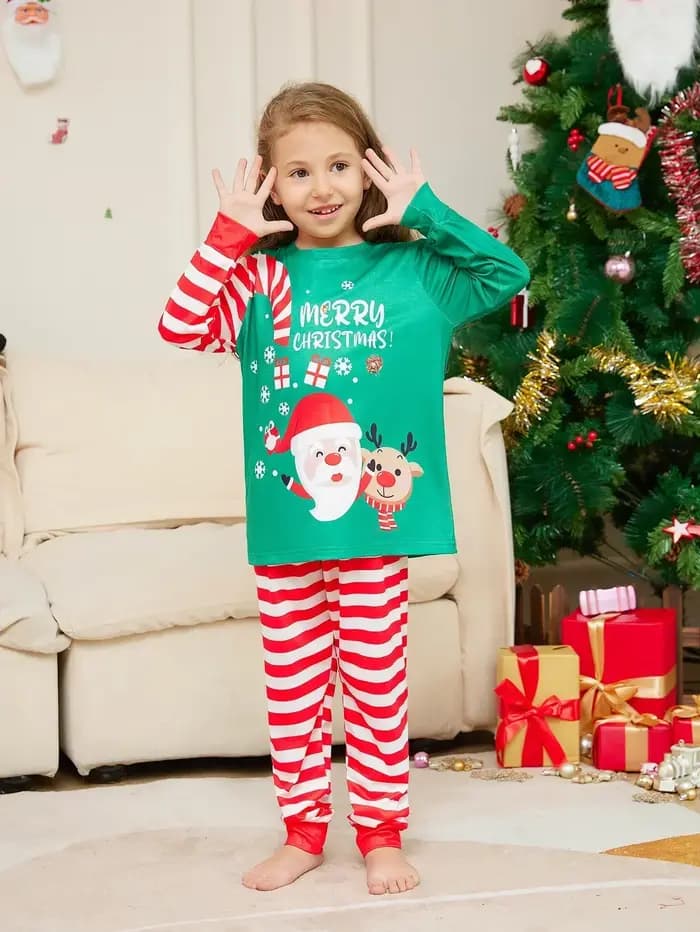 Joyeux Noël imprimé famille correspondant pyjamas ensemble dessin animé rayé vêtements de nuit adultes enfants vêtements ensembles mignon doux pyjama Look de Noël