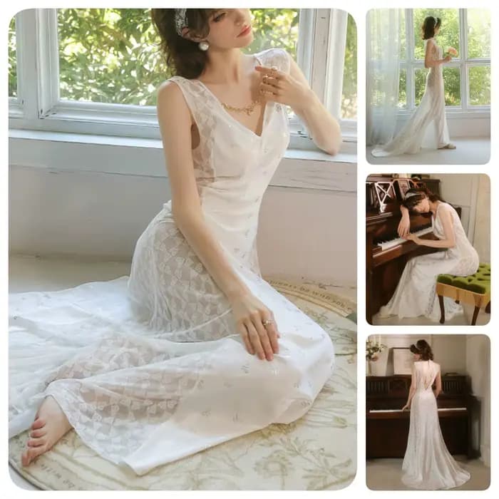 Robe de nuit de luxe pour femme blanche longue style princesse en polyester et élasthanne col en V ajustée pour nuit d'été