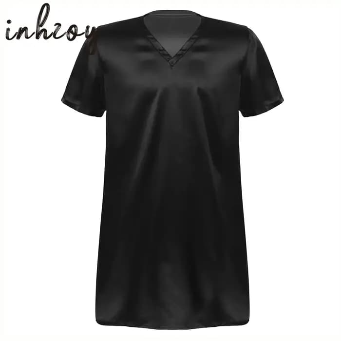 Pyjama en Satin pour hommes, chemises de nuit pour adultes, été, doux, couleur unie, col en V, manches courtes, vêtements de nuit décontractés pour la maison