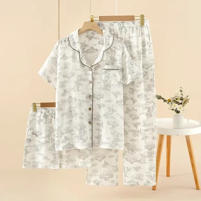 Pyjama d'été 3 pièces en coton pour femmes, haut à manches courtes + short fj+, vêtements de maison, pansement fin, peinture à l'encre trempée