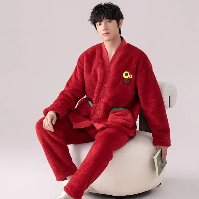 Ensemble de pyjama à col en V solide pour couple, vêtements de nuit chauds pour les amoureux, femmes