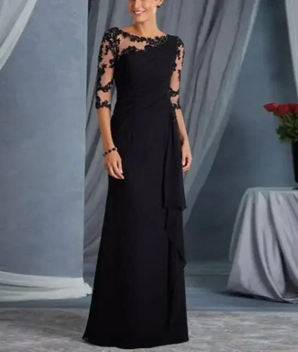 Robe longue en dentelle pour femmes, élégante, couleur unie, demi-manches, col rond, manches mi-long