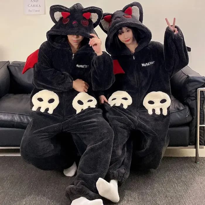 Dessin animé diable pyjamas Couples femmes hommes Onesie vêtements de nuit hiver épaissir à capuche