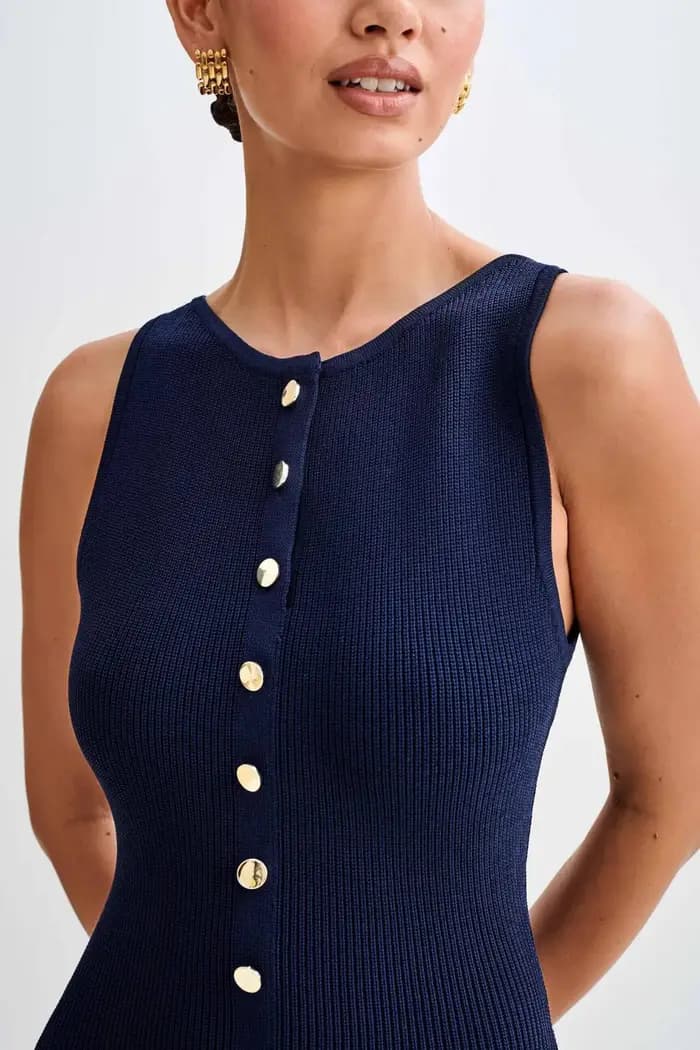 Robe longue tricotée à simple boutonnage pour femme, élégante, couleur unie, sans manches, col rond,