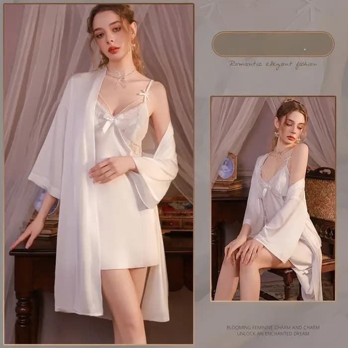 Ensemble de pyjama et robe de chambre en satin ajouré avec nœud en dentelle, dos nu, avec coussinets de soutien-gorge intégrés, respirant, tenue d'intérieur, style français charmant