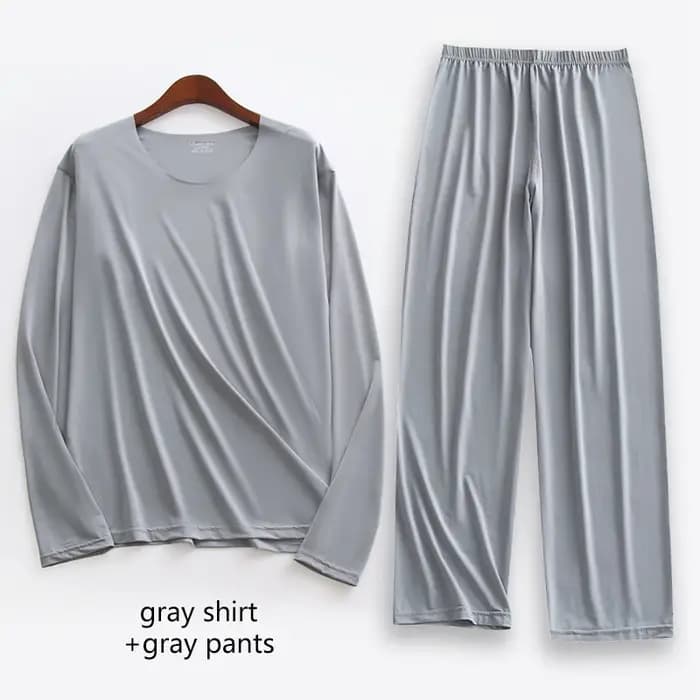 Pyjama en soie glacée pour hommes, grande taille, chemise et pantalon solides, ensemble de sommeil 2