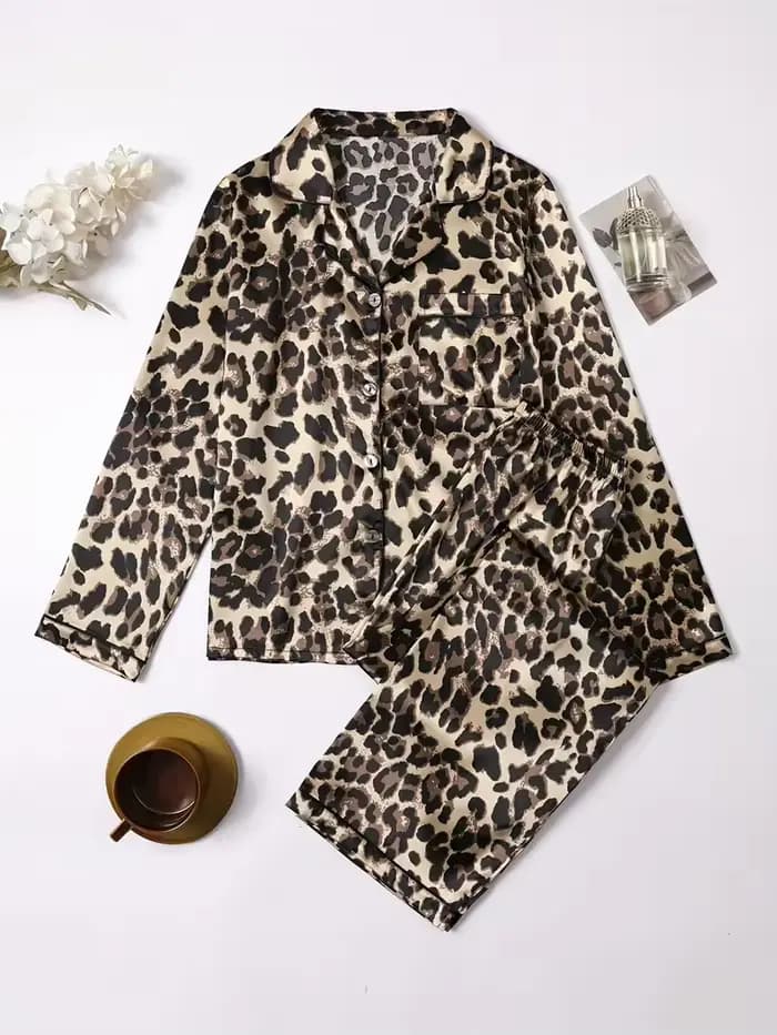 Ensemble pyjama en Satin de soie imprimé léopard pour femmes