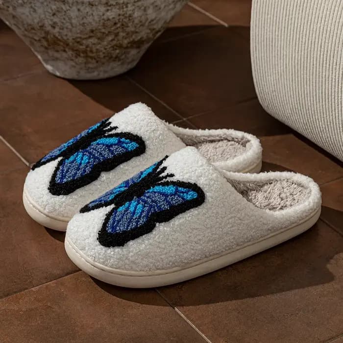 Chaussons pour femmes mignon bleu papillon broderie intérieur doux respirant confortable Couple mode hiver maison chaussures chaud