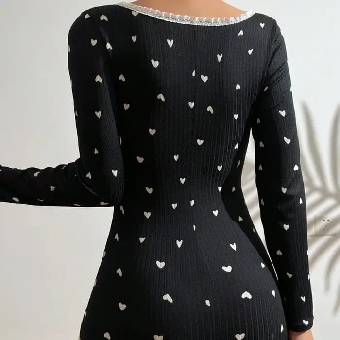 Nouvelle combinaison de pyjama une pièce pour femme de style américain avec imprimé cœur à manches longues, vêtements de détente, combinaison de nuit une pièce pour femme