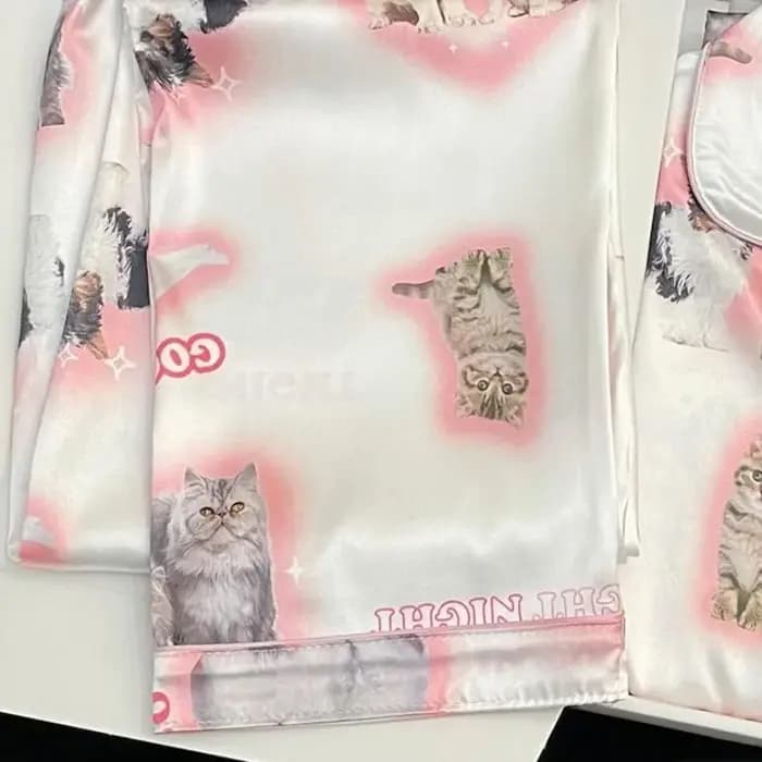 Pyjama en Satin pour Jeune Fille, Long et Court, à la Mode, Imprimé Chat Mignon, Fin, Ensemble pour Femme, Nouvelle Collection Été