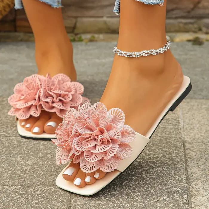 Crochet fleur glisser sandales femme été rose bleu Floral Mule pantoufles dames arc-en-ciel couleur en plein air vacances sans lacet chaussure plate