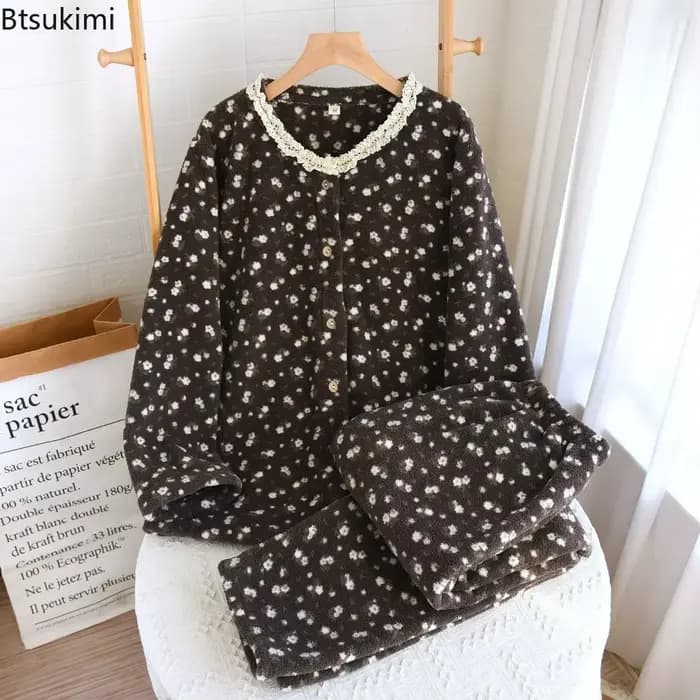 Pyjama deux pièces en flanelle épaisse pour femme, vêtements de maison, motif Floral, vêtements de nuit doux, manches longues, ensemble pour dames, nouvelle collection automne