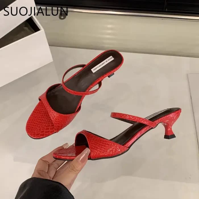 SUOJIALUN 2025 été nouvelle marque femmes pantoufle mode peu profond sans lacet bout ouvert dames diapositives mince talon bas robe pompes chaussures