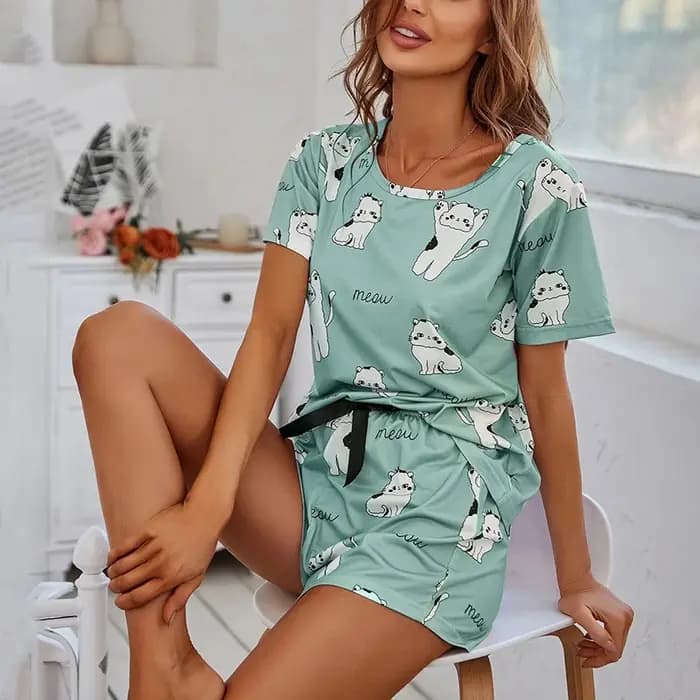 Ensemble pyjama imprimé chat dessin animé pour femme