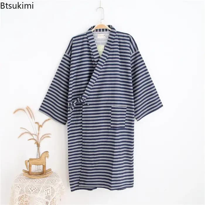 Peignoir Kimono Homme 2026 en Coton Double Gaze Rayé 100%