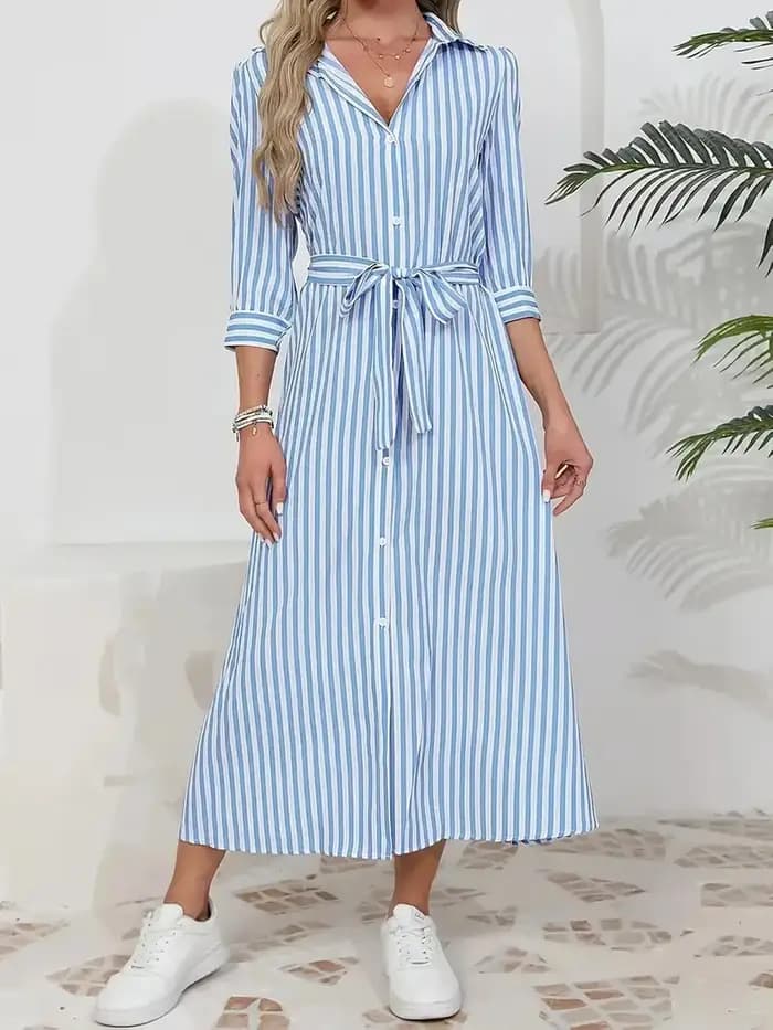 Robe chemise rayée à manches courtes, style nautique, taille à nouer + silhouette évasée, vacances d