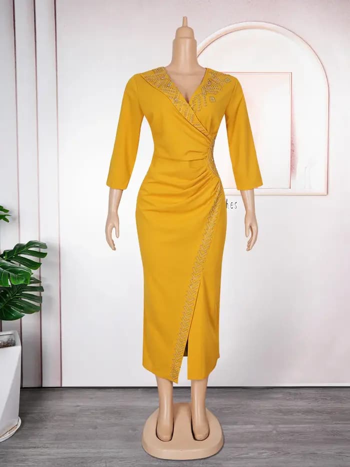 Robe élégante pour femmes, col en V, manches au poignet, taille haute, fente sur les hanches, diaman