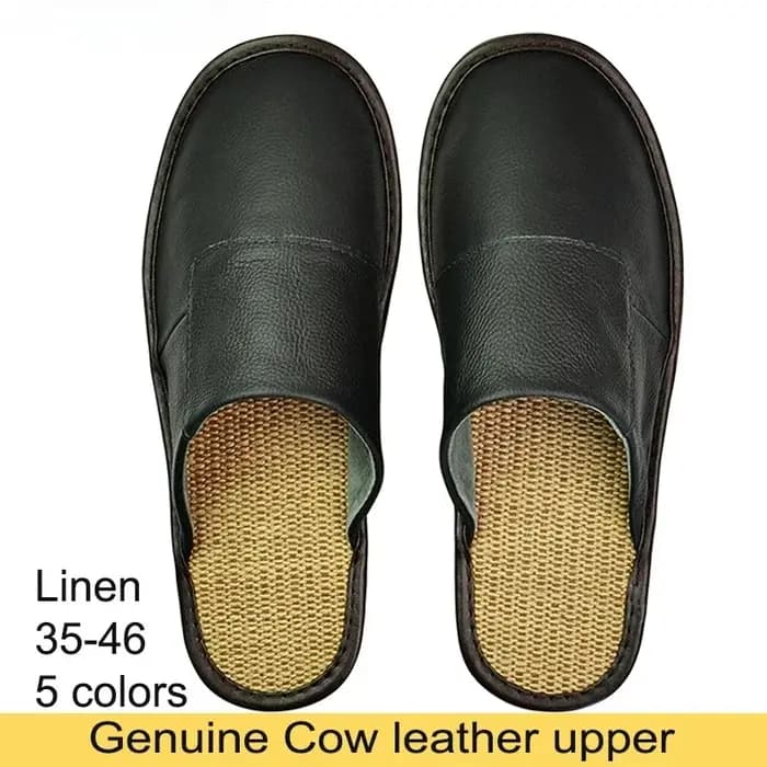 Pantoufles en cuir de vache véritable et lin pour hommes et femmes