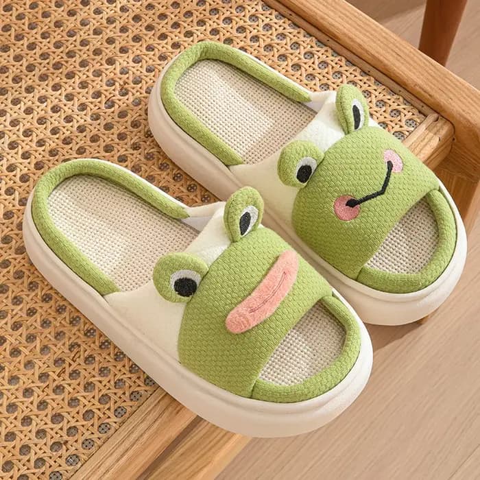 Frog Platform Chaussons d'intérieur plats pour femmes et filles, en chanvre, à motif dessin animé, d