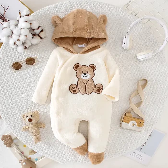 Automne hiver bébé ours Onesie avec chapeau tissu en peluche doux chaud mignon coussin chauffant ave