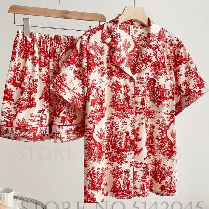 Été femmes à manches courtes Pyjamas ensemble Shorts vêtements de détente Sexy imprimé Satin