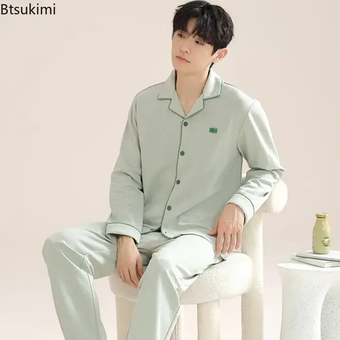 Pyjama pour hommes printemps automne à manches longues revers boutonné Cardigan pantalon deux pièces ample décontracté