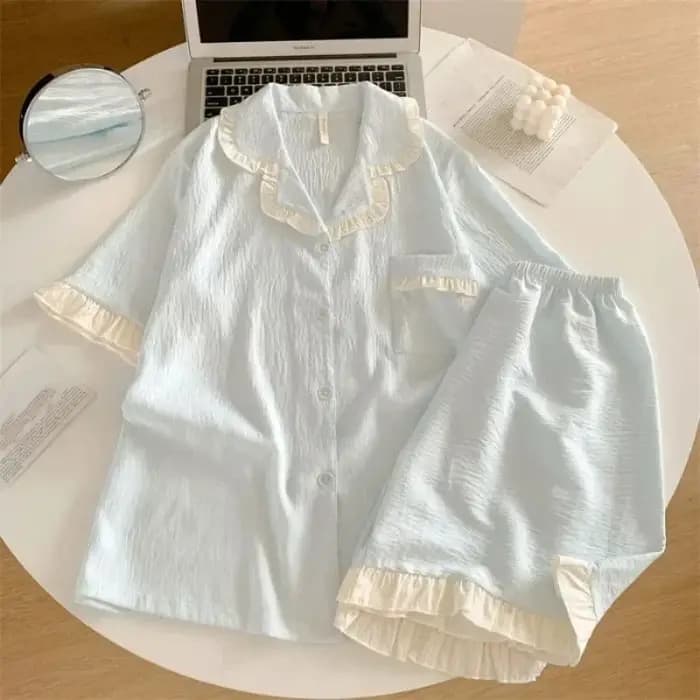 Ensemble de pyjama à volants pour femme, doux, nouvelle collection été 2026, vêtements de nuit unis, simples, à manches courtes, 2 pièces, tenue décontractée coréenne, douce tenue de nuit