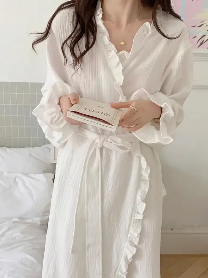 Robe de chambre pour femmes printemps-été, peignoir, robe ample à volants de couleur unie pour femme