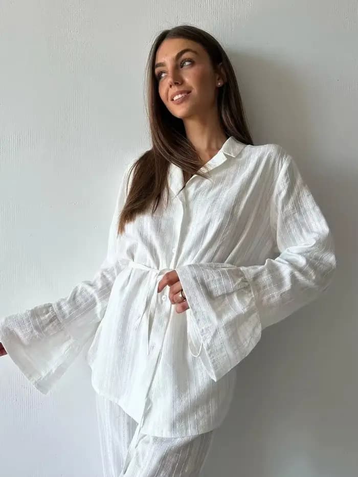 Ensemble de pyjama blanc pour femme 100 % coton