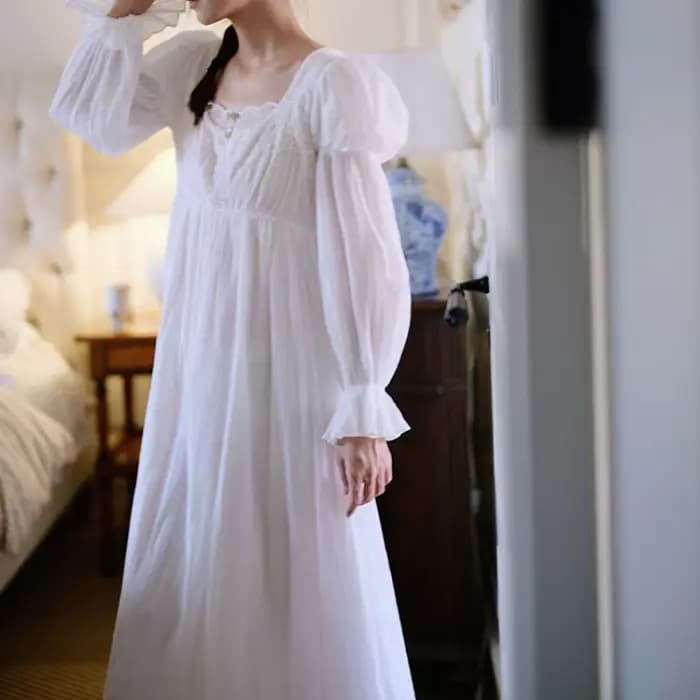 Princesse dentelle blanche longue mi-mollet chemises de nuit printemps manches longues français col carré chemise