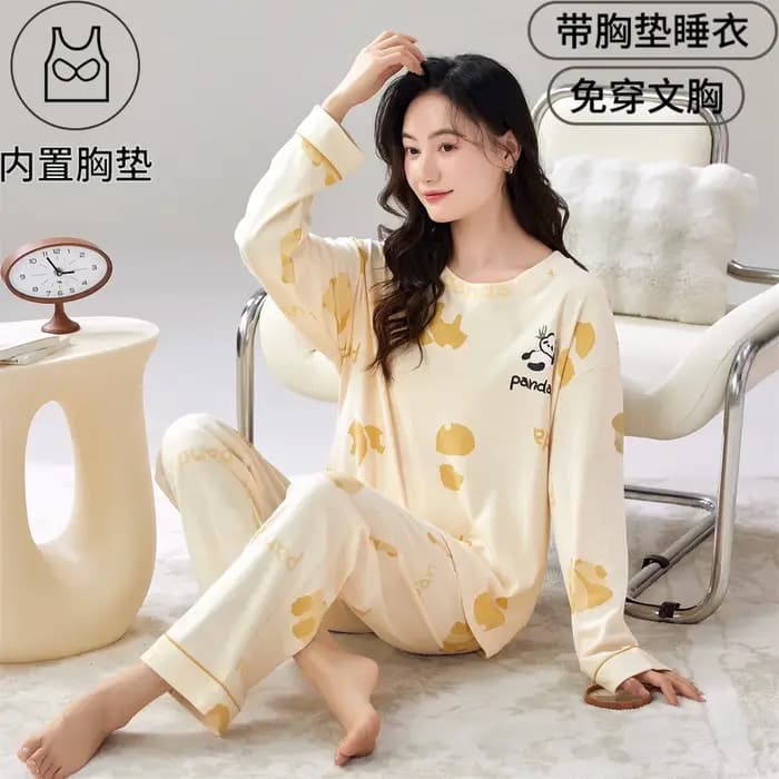 2024 Nouveau pyjama femme avec coussin de soutien-gorge printemps et automne coton Ins manches longues