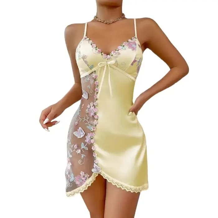 Robe de nuit pour femme en dentelle fine avec nœud