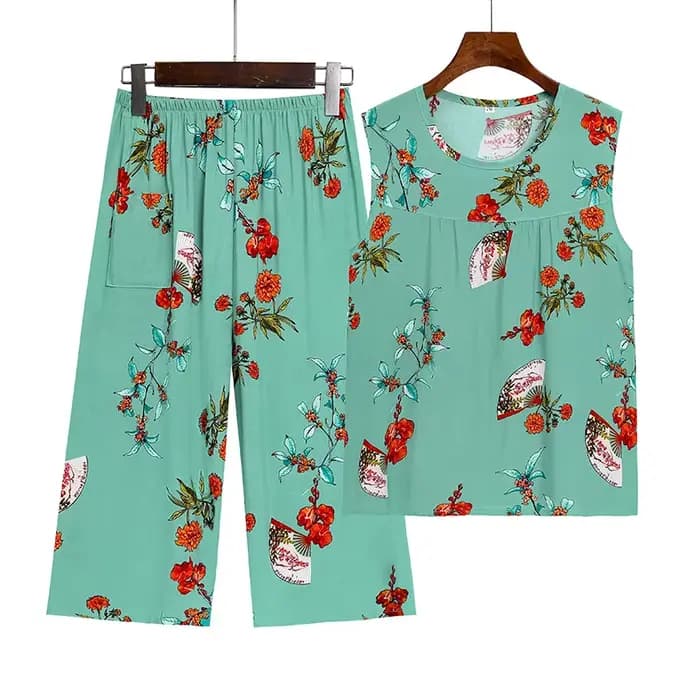 4XL Pyjama Pour Femme Nouveau Imprimé D'âge Moyen Mère Deux Pièces Ensemble FiglaCapri Pantalon Trempé Vêtements De